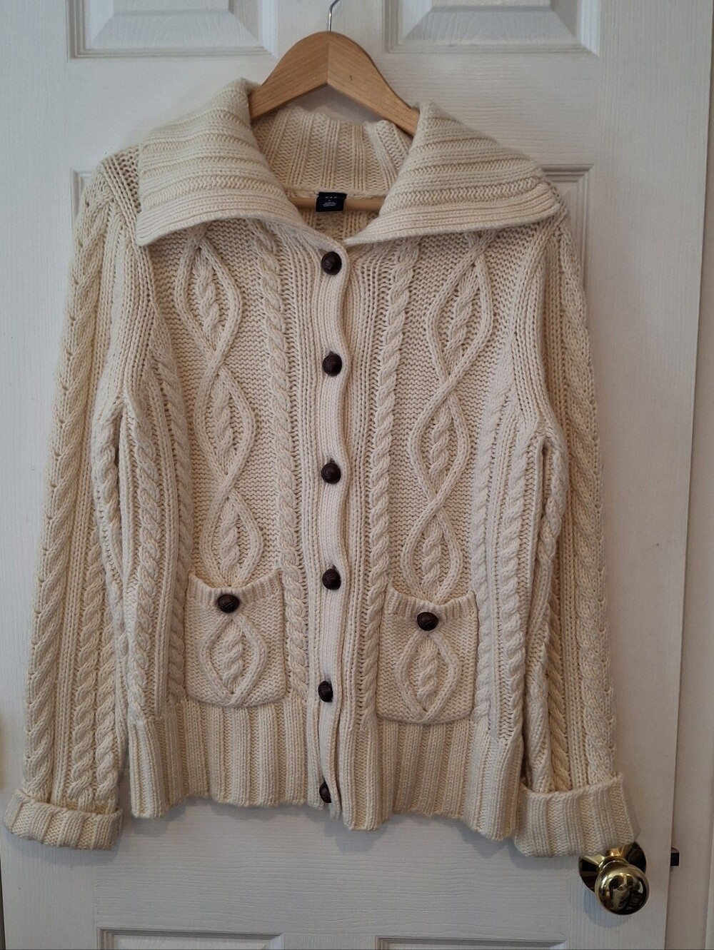 Vtg Y2K GAP Womens L Cable Knit Cardigan Cream Wool Blend Fisherman Chunky Cozy